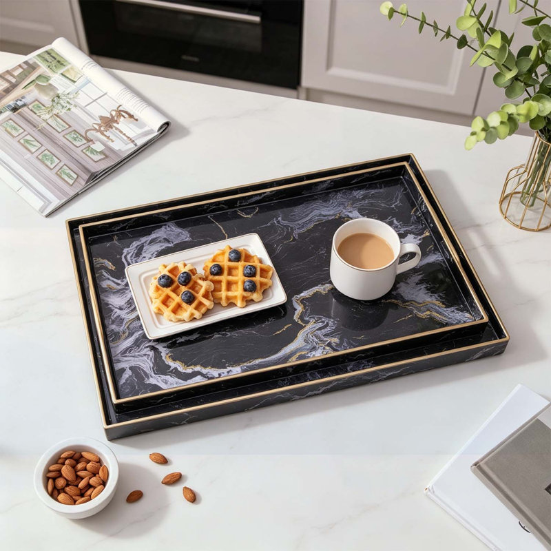 S/2 Black Marbled Rectangular Trays with Cut-Out Handles for Elegant Serving and Organizing