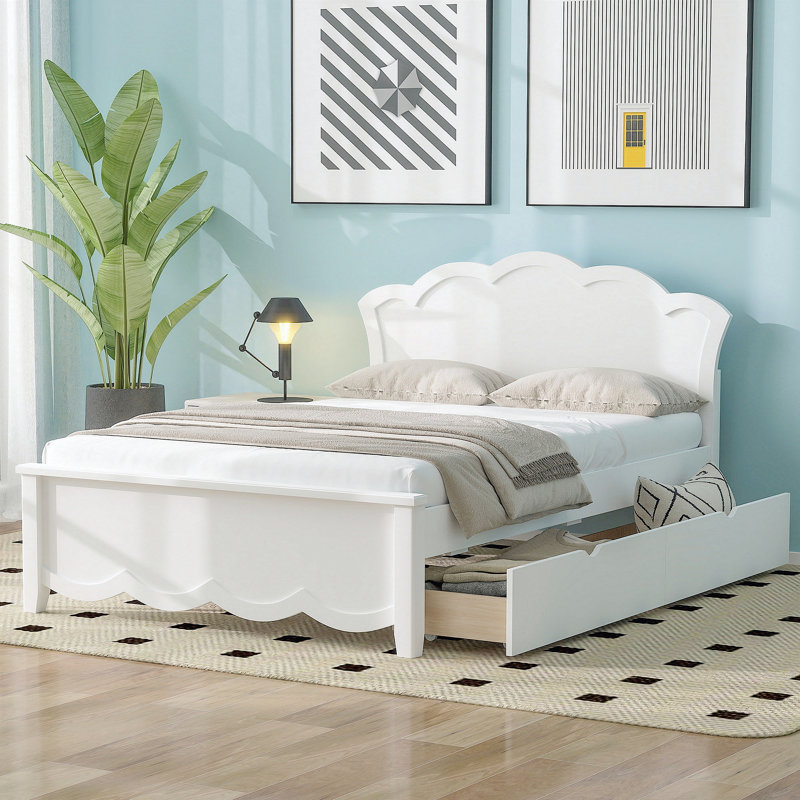 Twin Size Wood Platform Bed with Headboard and Two Drawers, White, Twin