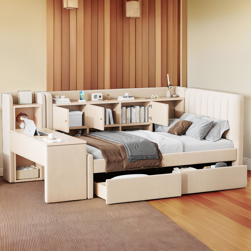 Lit de jour multifonctionnel tout-en-un avec rangement et table d'appoint, Beige