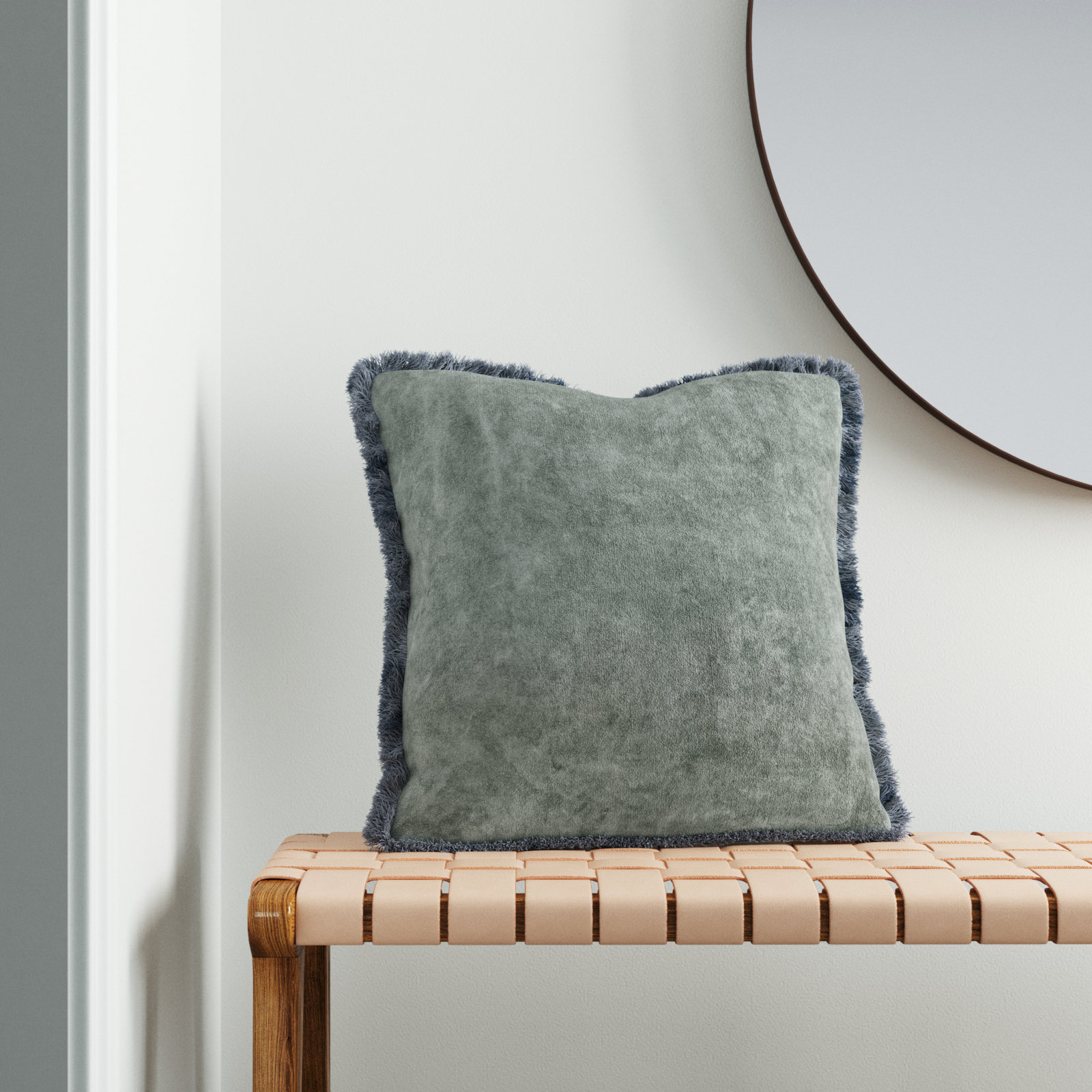 Steph Fringed Cotton Throw Pillow, 20" x 20", Gray, Down