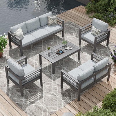 Aluminum 7-Seat Outdoor Patio Furniture Set, 5-Piece Modern Metal Sectional Sofa With Coffee Table