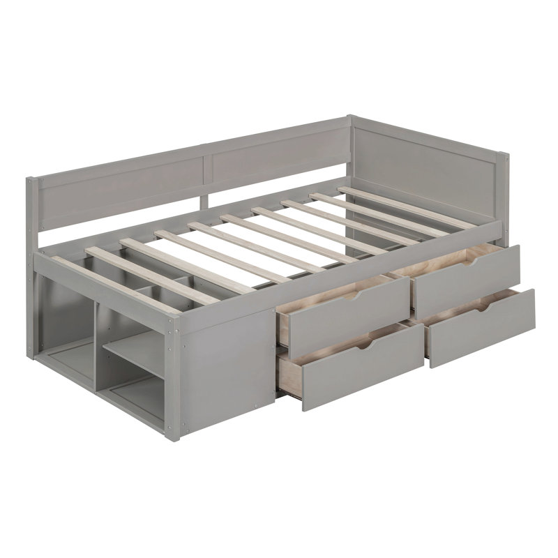 Daybed With Drawers And Shelves, Gray, Twin