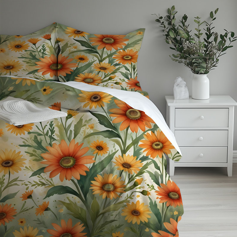 Microfiber Comforter Set, Twin Comforter + 2 Standard Shams, Green/Orange Floral
