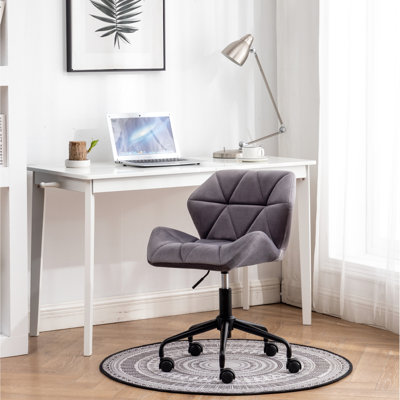 Chaise de bureau grise - Revêtement en velours, rembourrage en mousse haute, pivotant à 360 degrés, relevable, base en métal avec mousse confortable capitonnée en losange, siège pivotant, système de relevage au gaz, base noire,