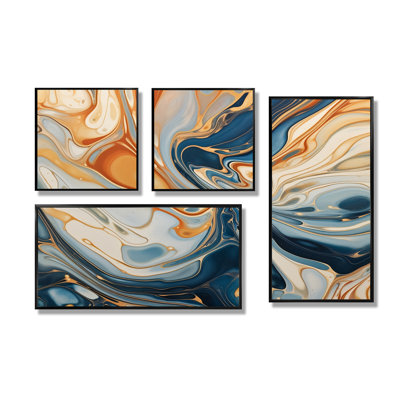 «Teal Orange Aqua Symphony», reproduction d'art moderne sur toile 4 pièces