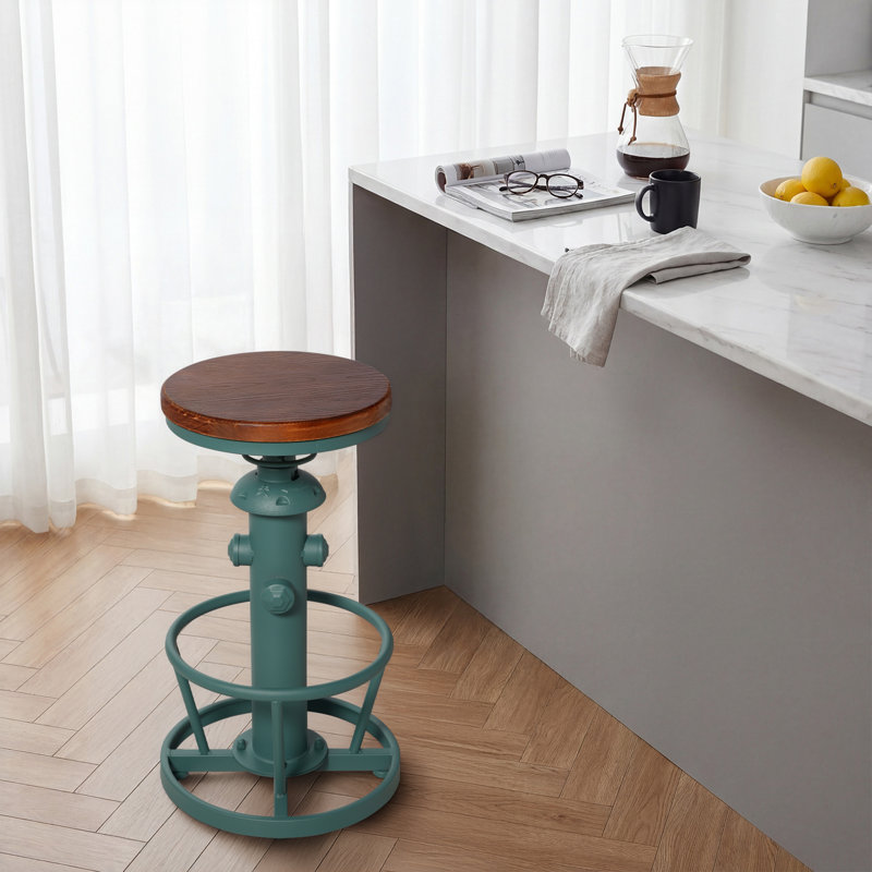 TABOURET INDUSTRIEL À HAUTEUR RÉGLABLE, TABOURET PIVOTANT AVEC TABLETTE EN BOIS MASSIF ET BASE EN MÉTAL À STYLE D'HYDRANT INCENDIE, POUR ÎLE DE CUISINE, BAR À LA MAISON, VERT