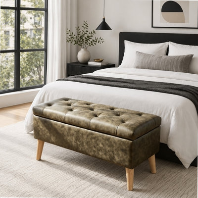 Banc de rangement avec repose-pieds de 32 po de large avec plateau intégré, repose-pieds carré avec rangement supplémentaire, repose-pieds rembourré et banc de bout de lit, parfait pour le salon, la chambre à coucher, le salon, la détente, le style moderne