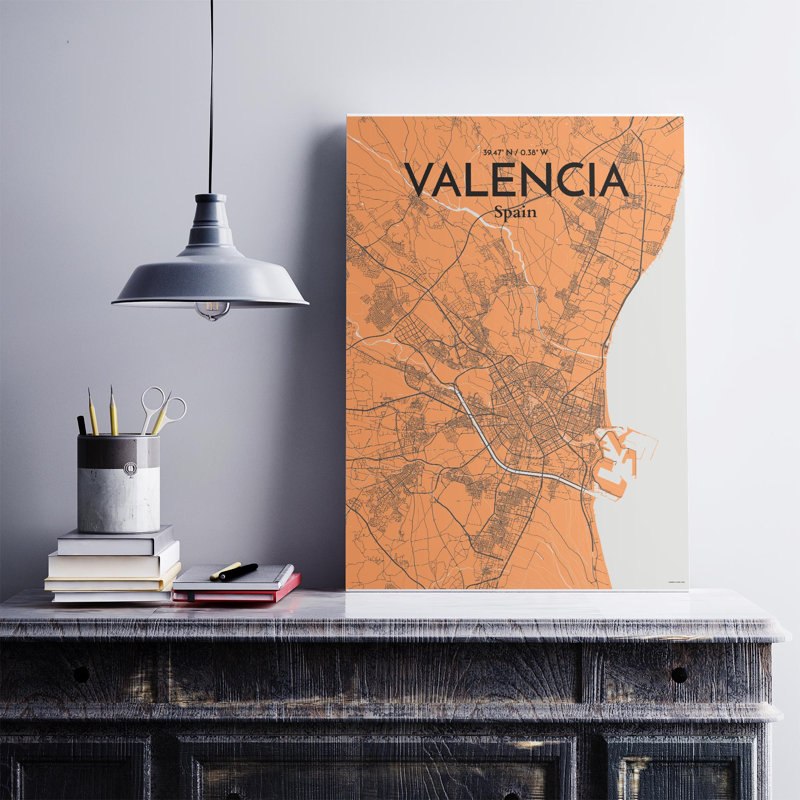 Valencia, carte de la ville, impression, H 27,6 po x l 19,7 po, Orange / gris