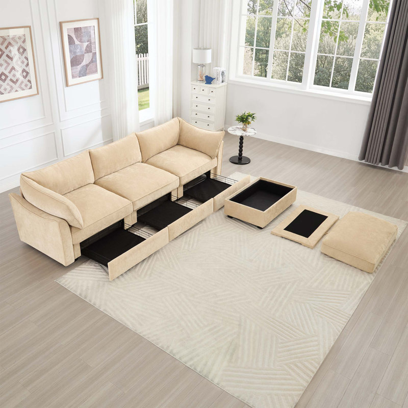 Canapé modulaire en L 3 places, canapé 3 places avec 1 repose-pieds mobile, accoudoirs en forme de croissant et coussins de dossier et d'accoudoirs enveloppants, doux, confortable, large et profond, chenille