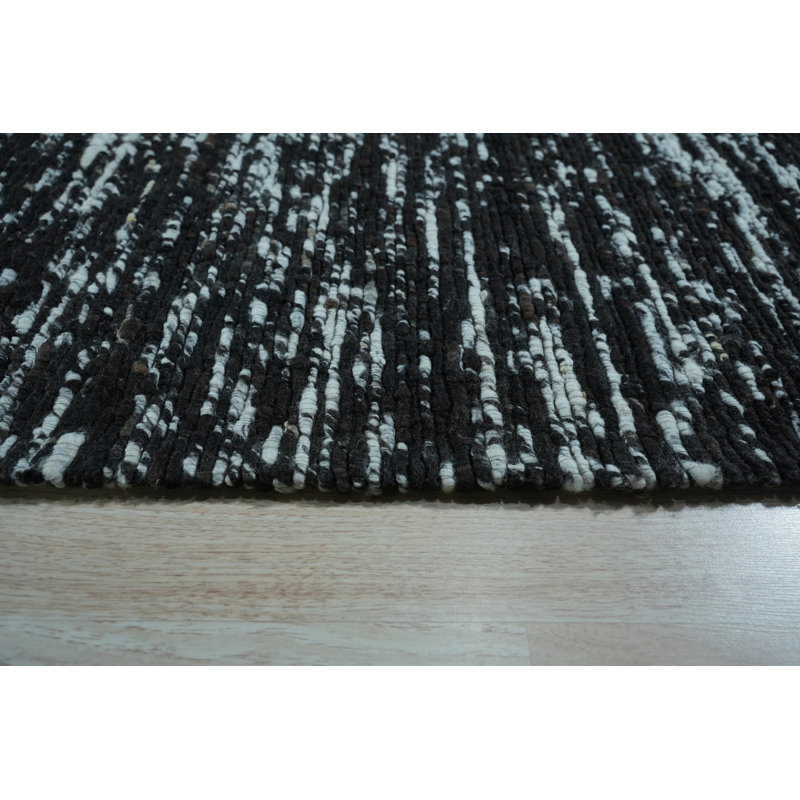 Black Flat Weave Wool Striated Texture Geometric Modern Contemporary Carpet Rug, 8' x 10'