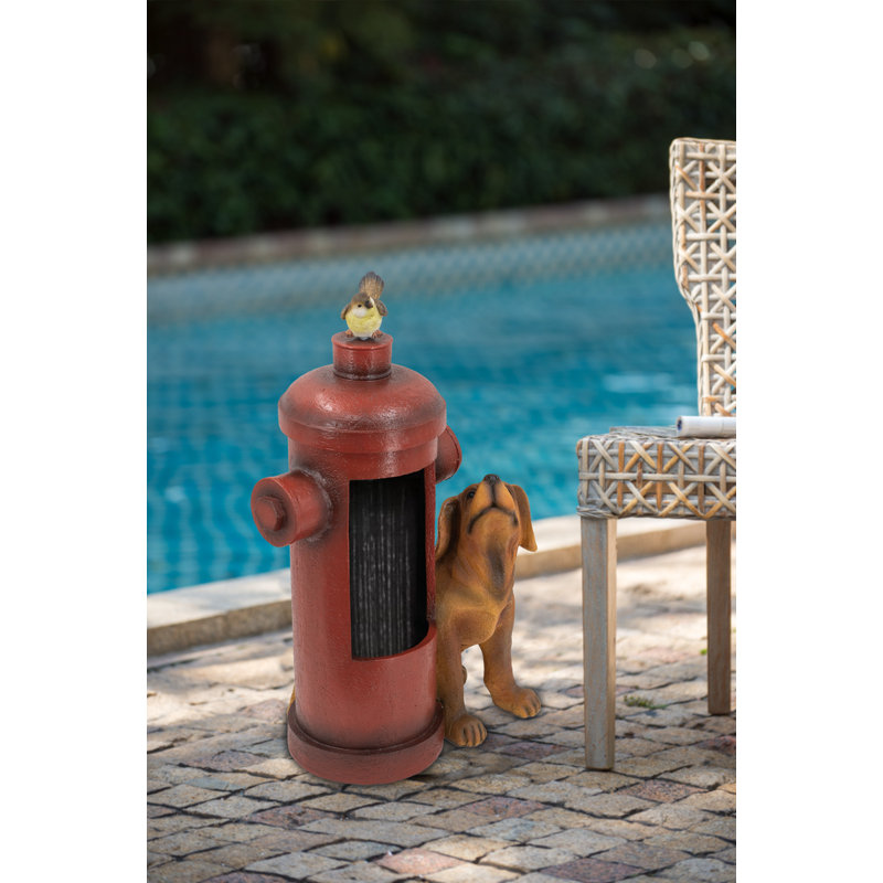 Outdoor Water Fountain With Dog And Bird Accents - Red Fire Hydrant Design, 16.2X11x26.8 Inches With Light And Pump