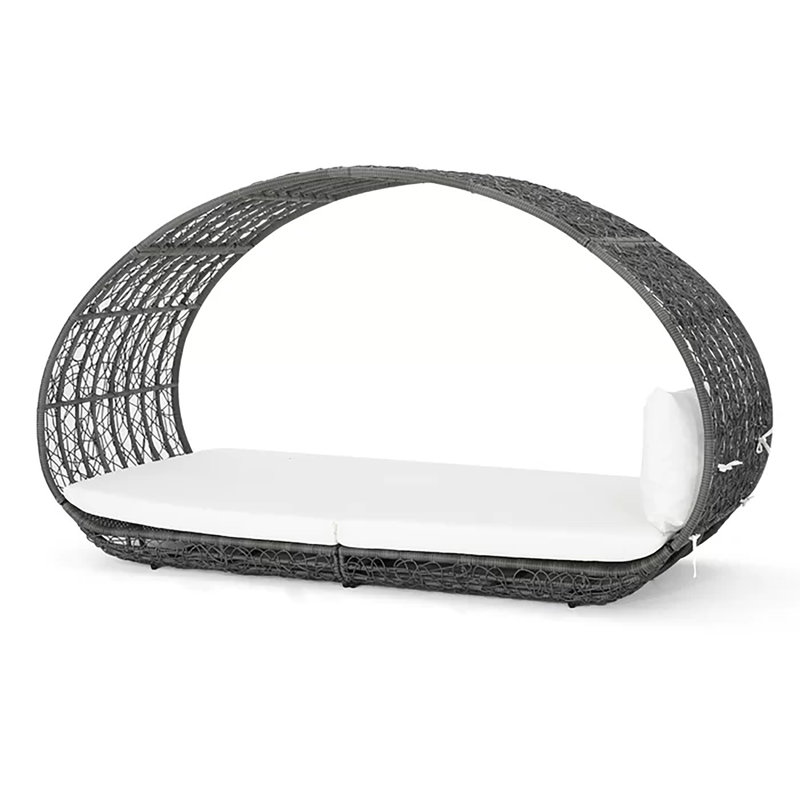 Outdoor Wicker Overhead Canopy Daybed - Full Size, Grey+white Water-resistant Cushion, Rattan & Waterproof Fabric, 600 Lbs Capacity