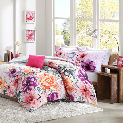 Édredon simple / simple TG et coussin, motif floral doux avec détails rose gris
