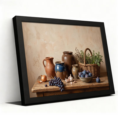 Tableau sur toile représentant une poterie rustique et des figues violettes sur une table en bois