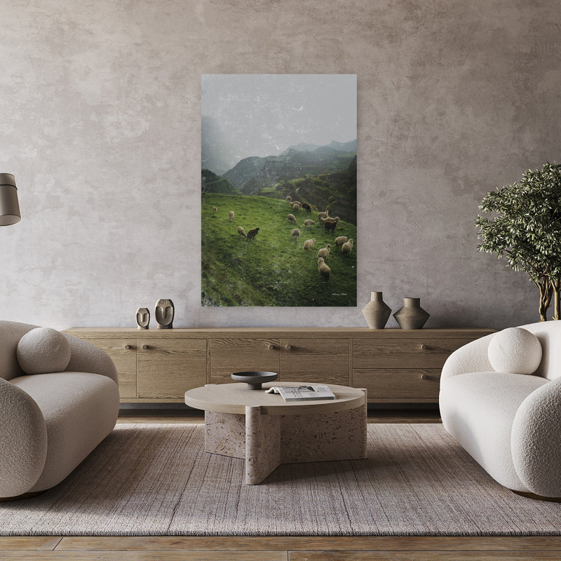 Moutons en pâture, paysage abstrait rétro, art naturel, H 48 po x l 32 po