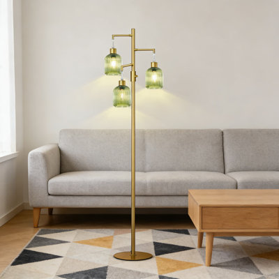 Modern Floor Lamp With Ribbed Glass And Green Shade, Dimmable 3-Light Standing Lamp For Living Room Or Bedroom, Includes Edison Bulbs, Mid-Century Tall Design