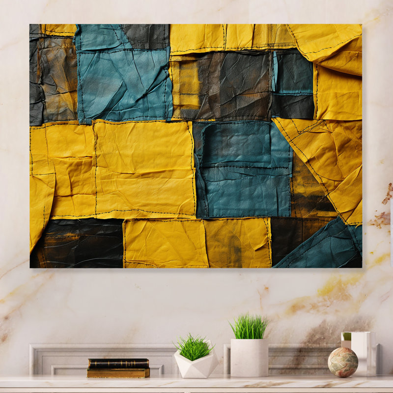 Yellow And Green Abstract Cube Echoes - Abstract Collages Metal Wall Art MT131645, 24" H x 32" W x 1" D