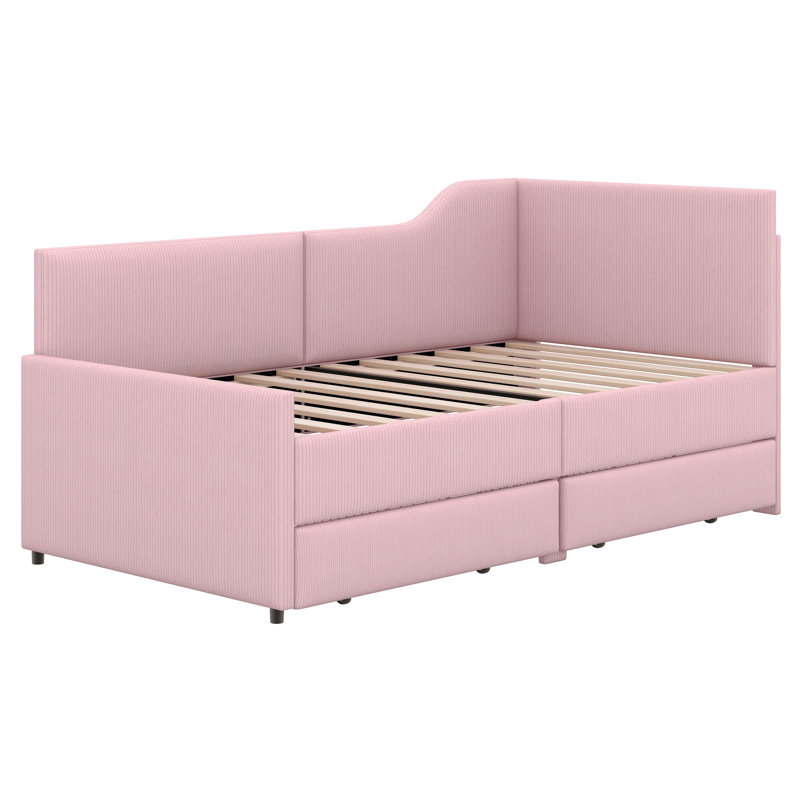 Twin Size L Shaped Daybed With 2 Storage Drawers, Corduroy Upholstered Daybed, Wooden Bed Frame, Corduroy Sofa Bed, Pink