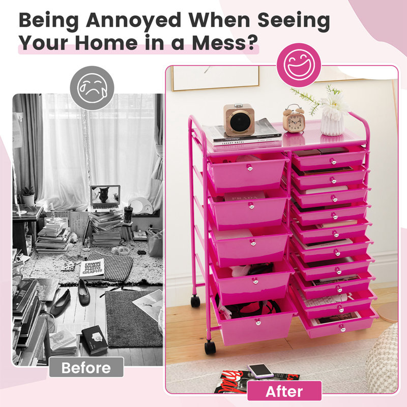 Hot Pink Steel Frame 15-Drawer Rolling Storage Cart