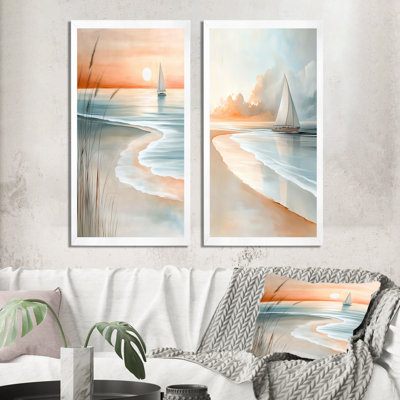 Bord de mer avec voilier au coucher du soleil I - Impression sur toile en 2 parties « Coucher de soleil côtier »