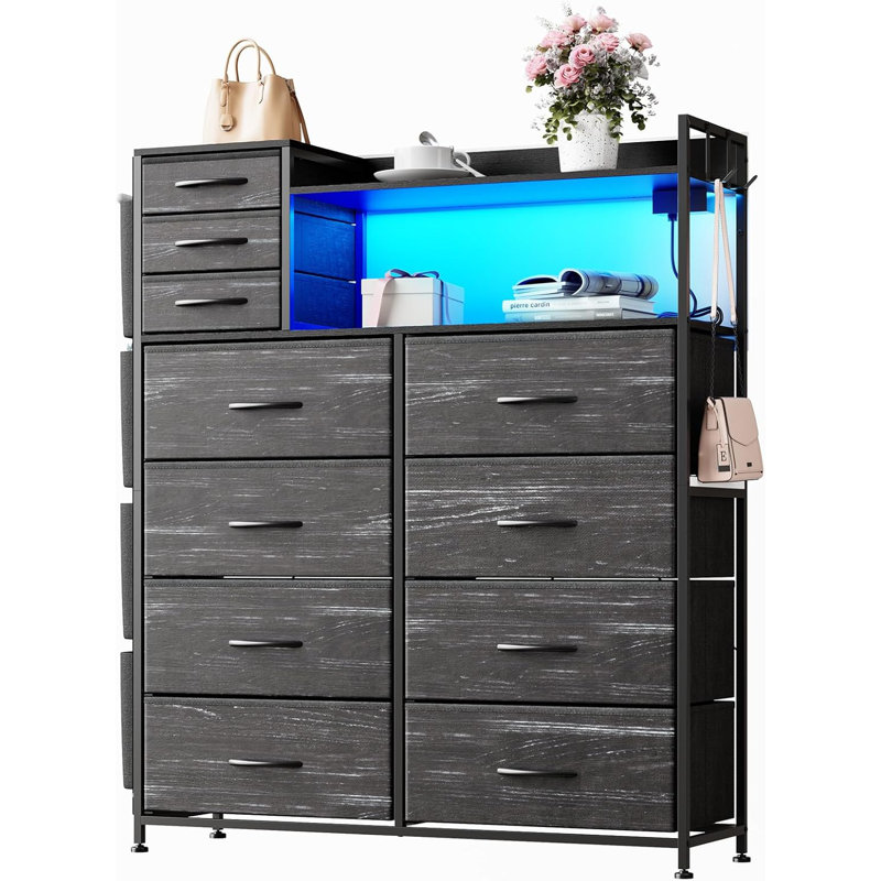 Commode avec 8 + 3 tiroirs en tissu, station de charge et lumières DEL, Noir