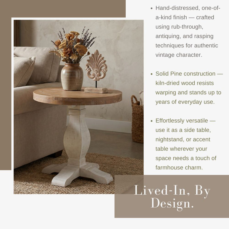 Sarcoline Solid Wood Round Pedestal End Table, White/Driftwood