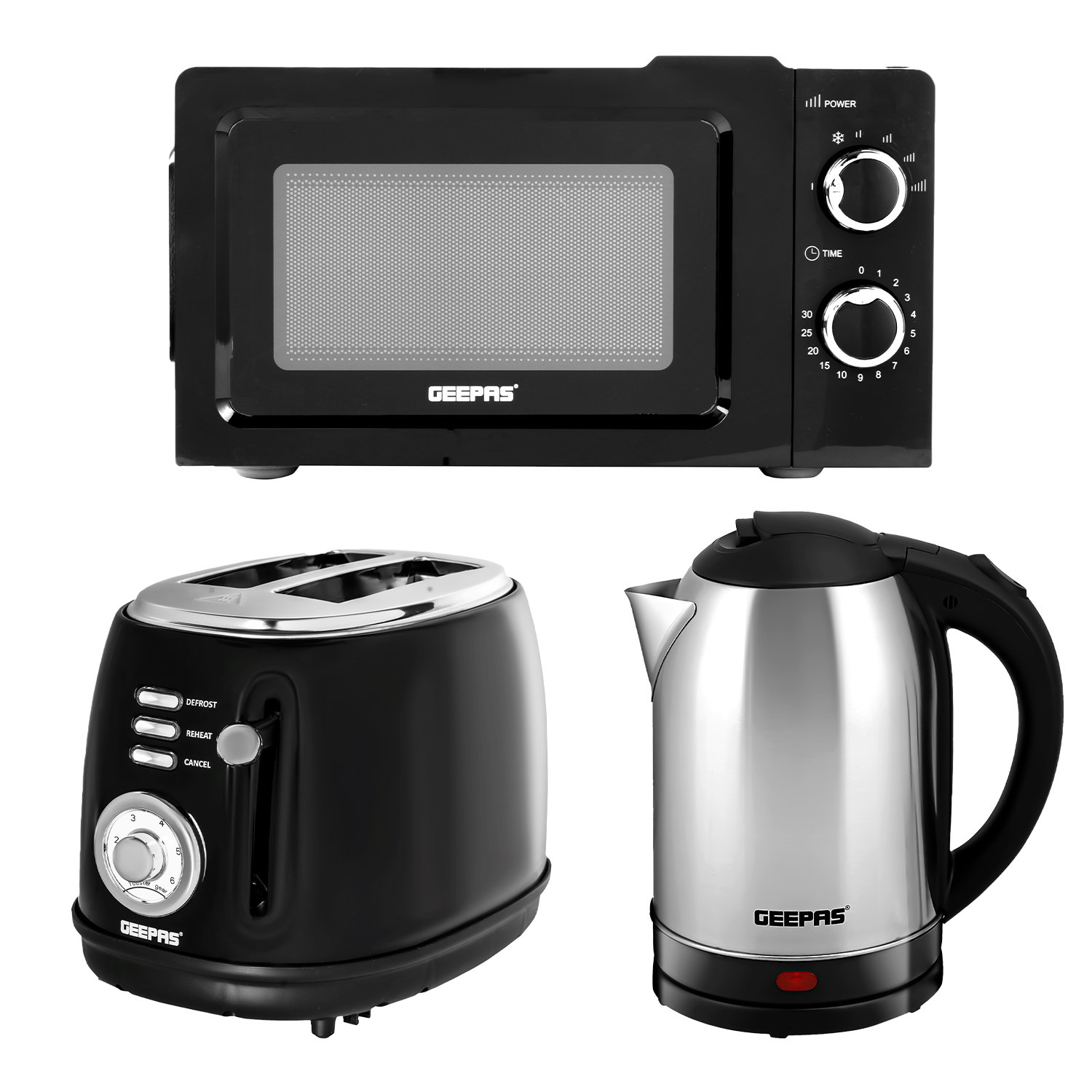 Geepas 1.8L Electric Kettle 2 Slice Toaster u0026 20L Microwave Set- 1500W  Cordless Kettle, 850W Toaster, 700W Solo Microwave, Black | Wayfair.co.uk