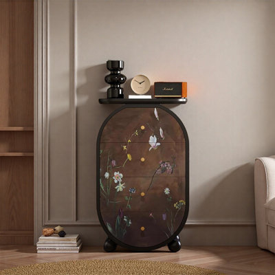 Ash Wood Decorative Cabinet with Vintage Floral