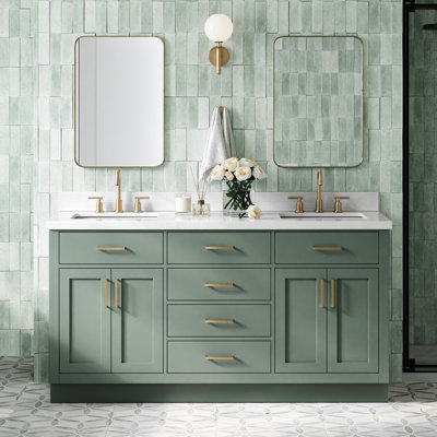 Meuble-lavabo double en bois massif de 66 po avec comptoir blanc 1,5 po Ohlson, lavabos ovales