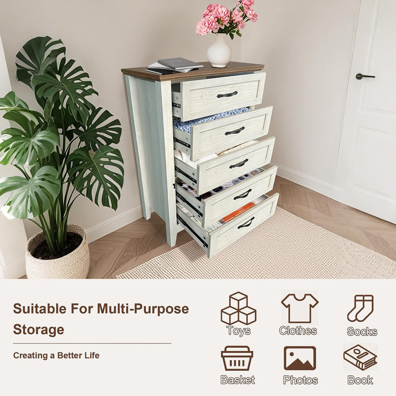 Commode 5 tiroirs 5 tiroirs avec poignée en métal, Chêne blanc
