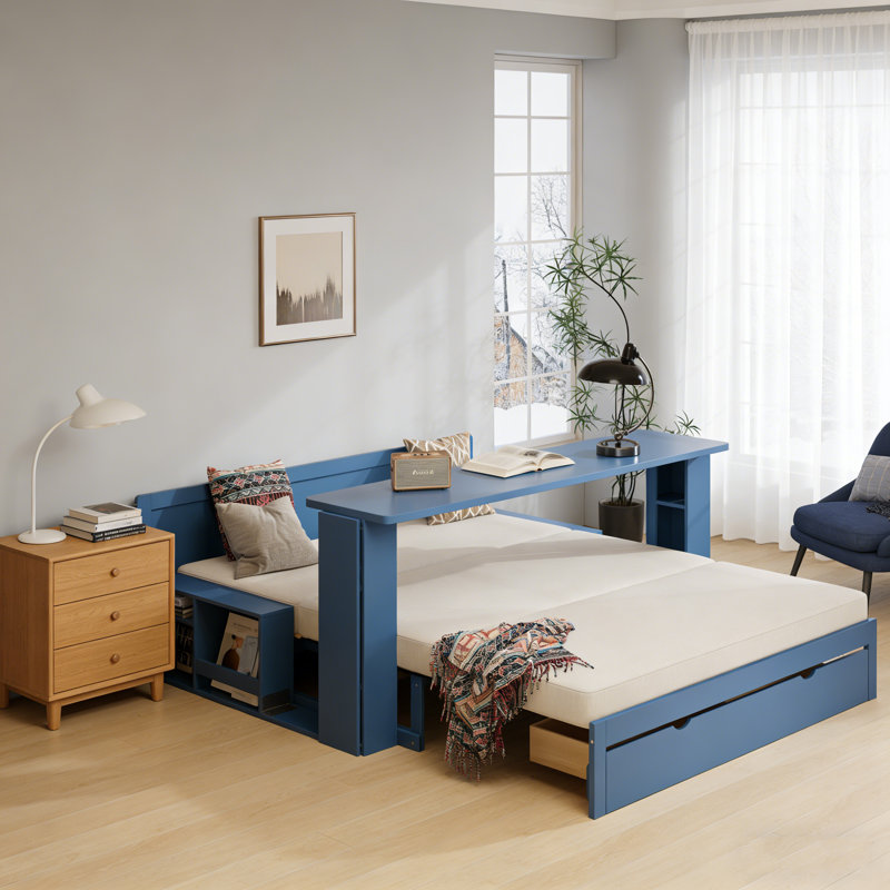 Grand lit de jour avec bureau amovible, Bleu, Grand lit
