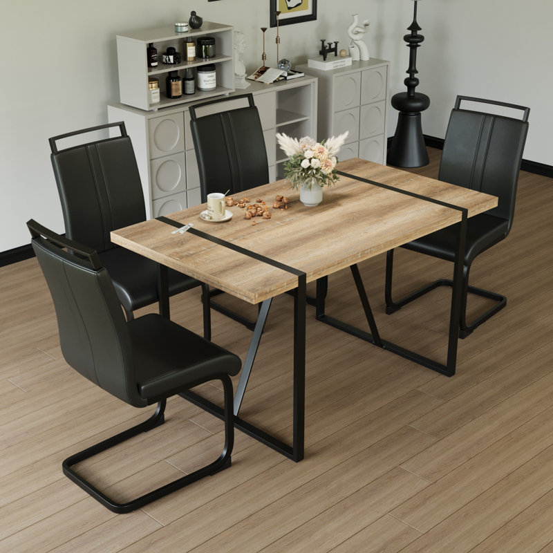 Modern Farmhouse 5-piece Dining Set With Rectangular Table & 4 Pu Leather Chairs, Black/Black