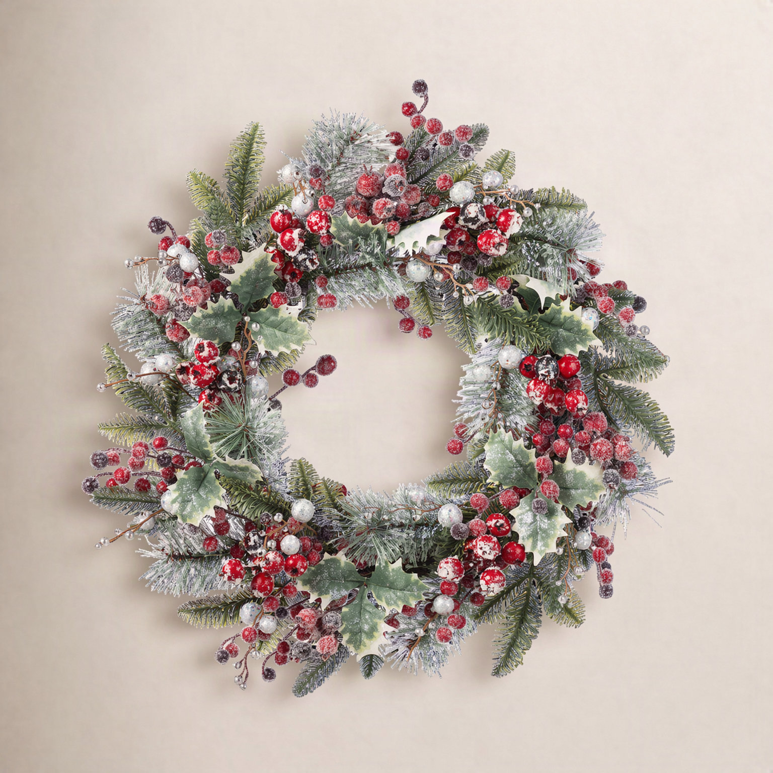 24"D Christmas Red Pomegranate Berry & Holy Leaf Wreath