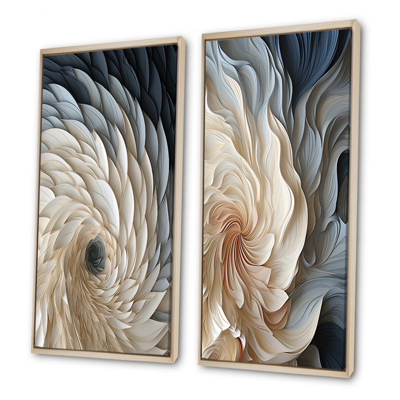 Plume blanche et bleue en spirale I - ensemble de 2 décorations murales géométriques abstraites, Cadre flottant brun