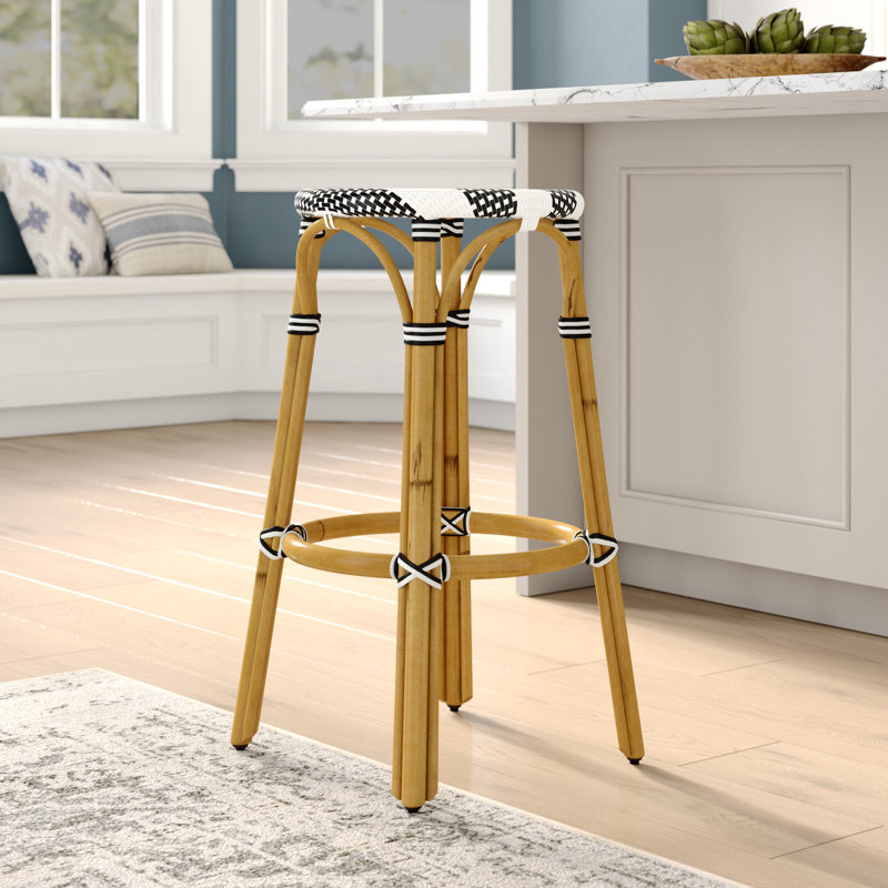Alastair Hand-Woven Rattan Bar & Counter Stool, Counter Stool (24" Seat Height), White/Navy Stripe/Natural Rattan Frame