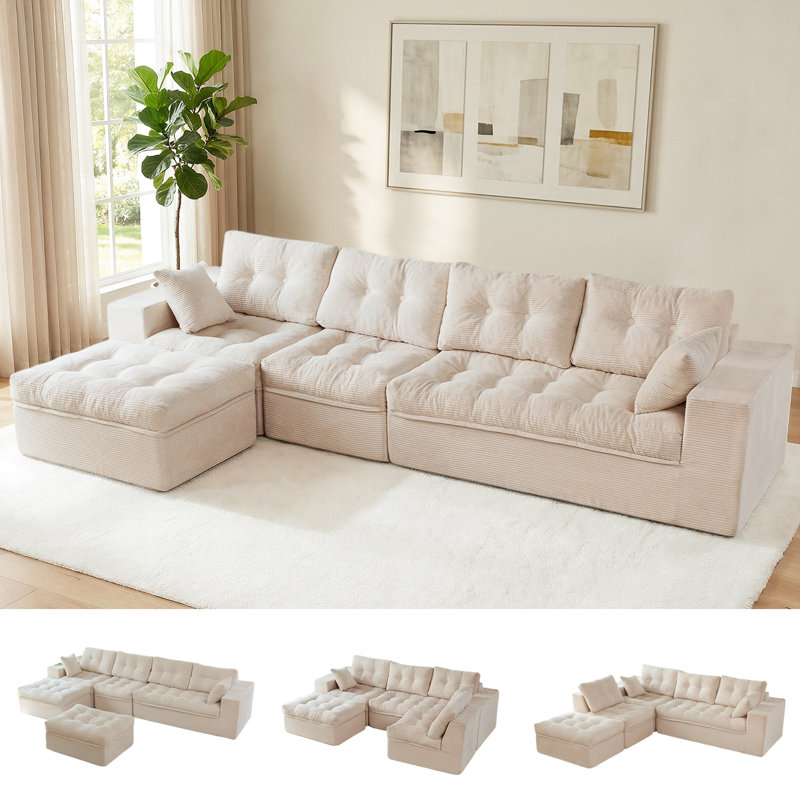 Canapé modulaire en velours côtelé Boneless, canapé modulaire 4-en-1, Beige, H 22 po x l 130 po x P 37,75 po