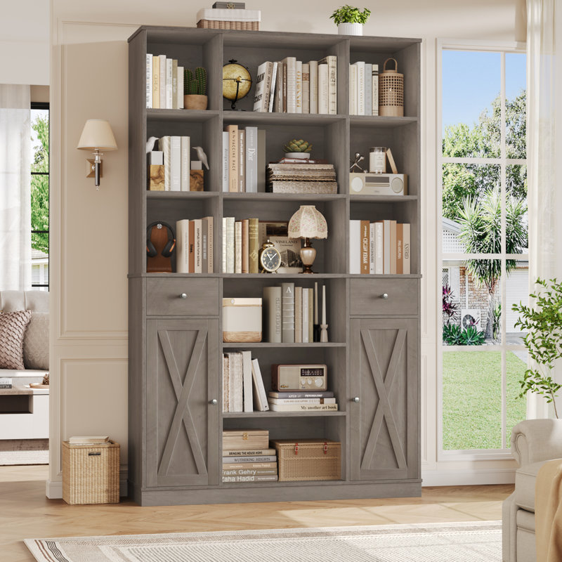 Bibliothèque 74,2 "H avec 12 tablettes ouvertes, 2 tiroirs et 2 armoires, Gris rustique