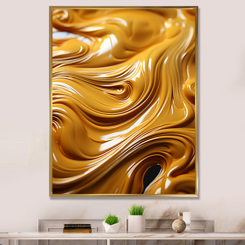 Golden Wave Ocean of Abundance, or liquide sur toile, H 32 po x l 24 po x P 1 po, Cadre flottant doré