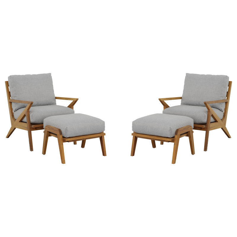 Hatteras Solid Wood Patio Chairs with Cushions and Ottomans, Pewter