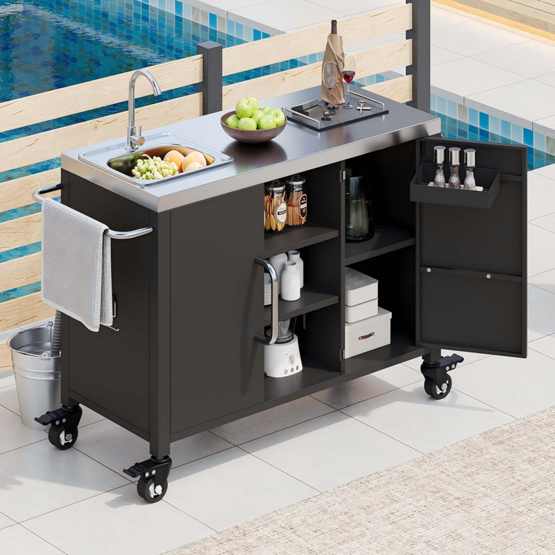 55.5" Outdoor Kitchen Island With 304 Stainless Steel Sink, Metal BBQ Cart With Storage & Lockable Wheels