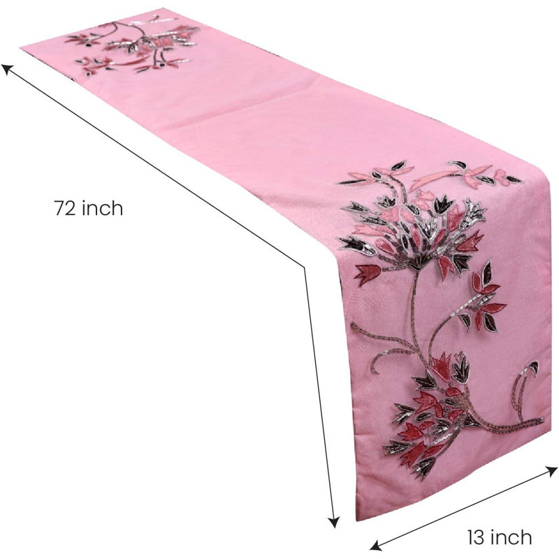 Pink Velvet Table Runner with Floral Embroidery for Dining Table, Bedroom & Wedding Decor Christmas Style