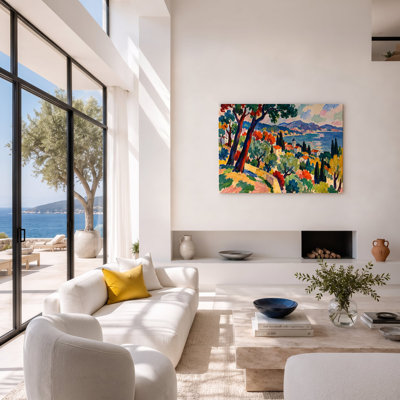 Multicolor Canvas Landscape Painting, Painterly Lake Village and Mountain Wall Art for Living Room Dining Room and Bedroom