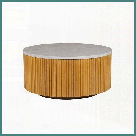 Table basse ronde en faux marbre blanc avec rangement - Base en bois naturel, aucun assemblage requis