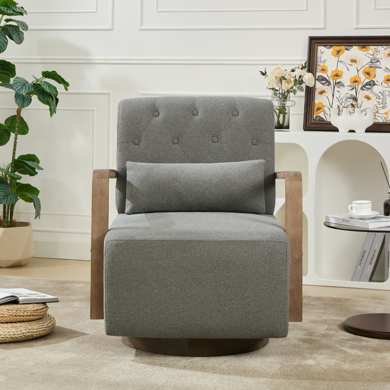 Solid Wood Upholstered Swivel Armchair, Dark Gray