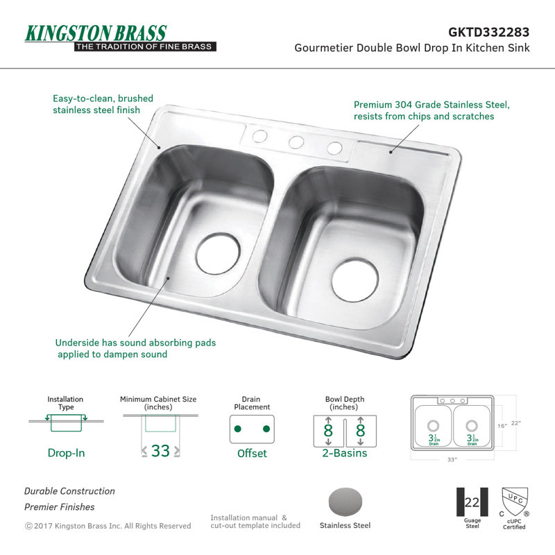Studio 33" L x 22" W Double Basin Drop-In Kitchen Sink