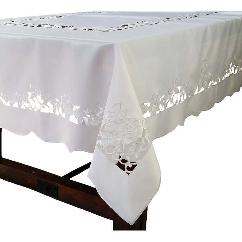 White Rose Embroidered Cutwork Tablecloth, 144" L x 70" W
