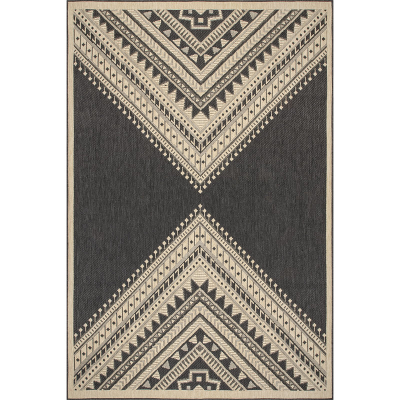 Alsie Southwestern Geometric Power Loomed Indoor/Outdoor Patio Rug, Rectangle 6'7" x 9', Charcoal/Ivory
