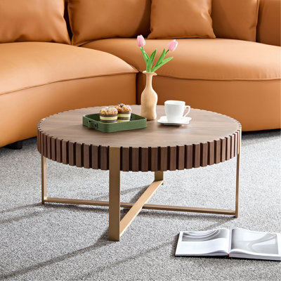 Table basse ronde moderne 31,5 pouces pour salon, petite table basse avec piédestal robuste, noyer Modern Handcraft