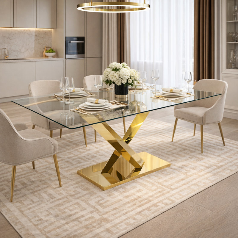 Gold Stainless Steel Dining Table 70.08 Inch Clear Tempered Glass Top