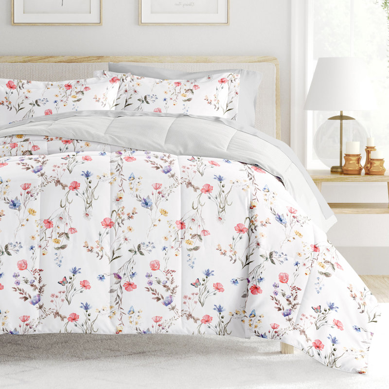 Queen Pink Floral Microfiber Reversible Comforter Set